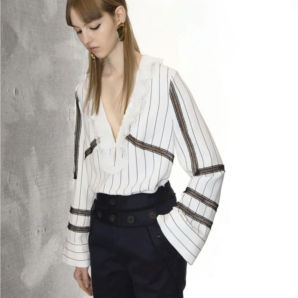 Self-Portrait White Striped V-Neck Lace-Trim Blouse